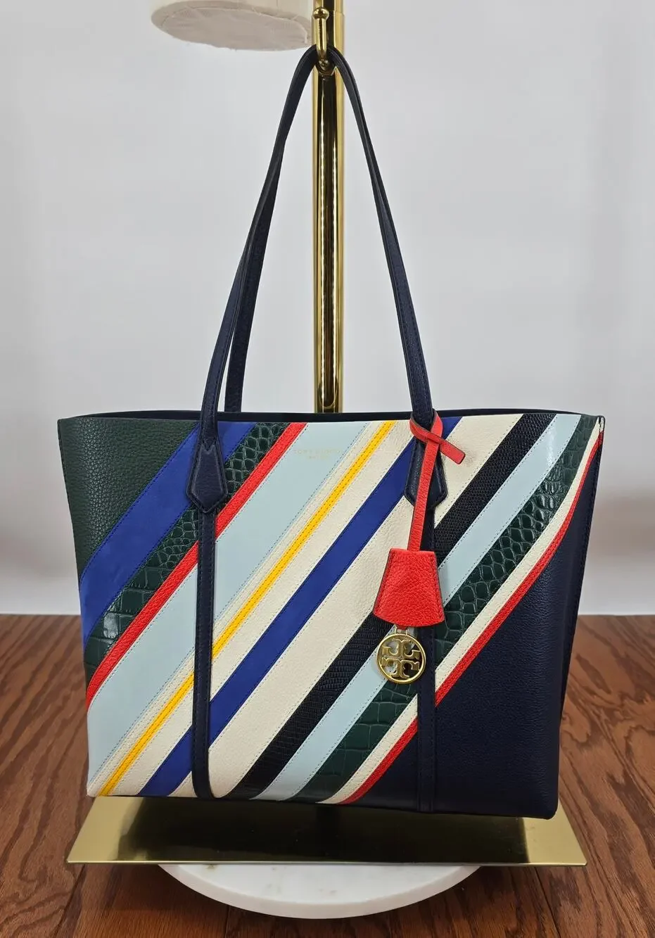 Tory Burch Perry Balloon Striped Triple Compartment Tote Bag